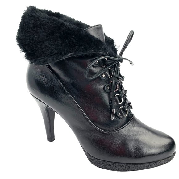 KENNETH COLE NY Mason Black Leather Fold Over Faux Fur Booties - Picture 2 of 11